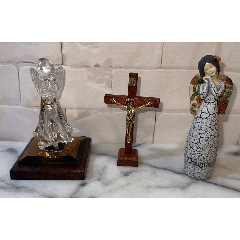 Religious Decor Lot Dacra Glass Angel Sacred Heart Crucifix Daughter Angel